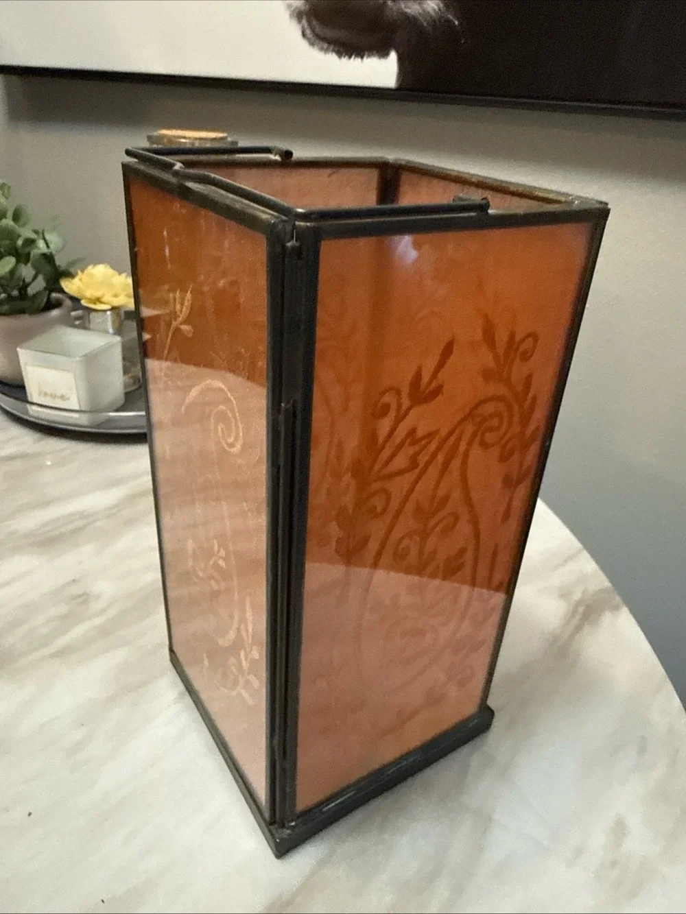 Square lantern paper thin stitching inside glass